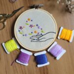 Broderie décorative : motif de fleurs qui s'envolent de la paume d'une main.